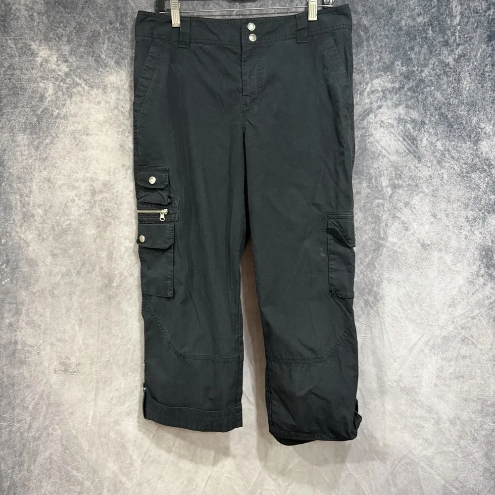 lauren ralph lauren Women's Black Cargo Crop Pants Pockets Button Up Hem 8